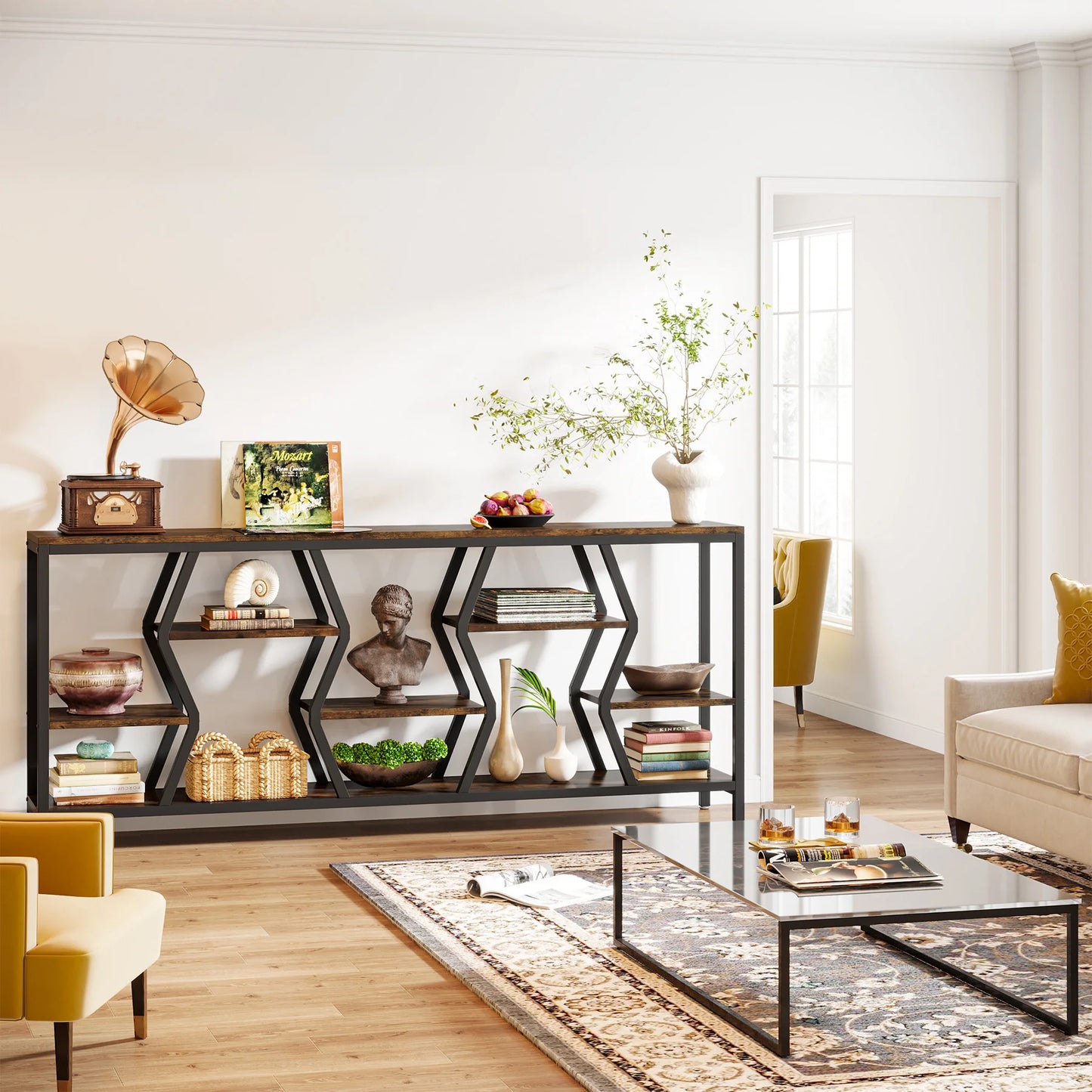 Tribesigns 70.9 Inch Sofa Console Table with 4-Tier Wood Storage Shelves Industrial Style Extra Long Narrow Entryway Accent Table