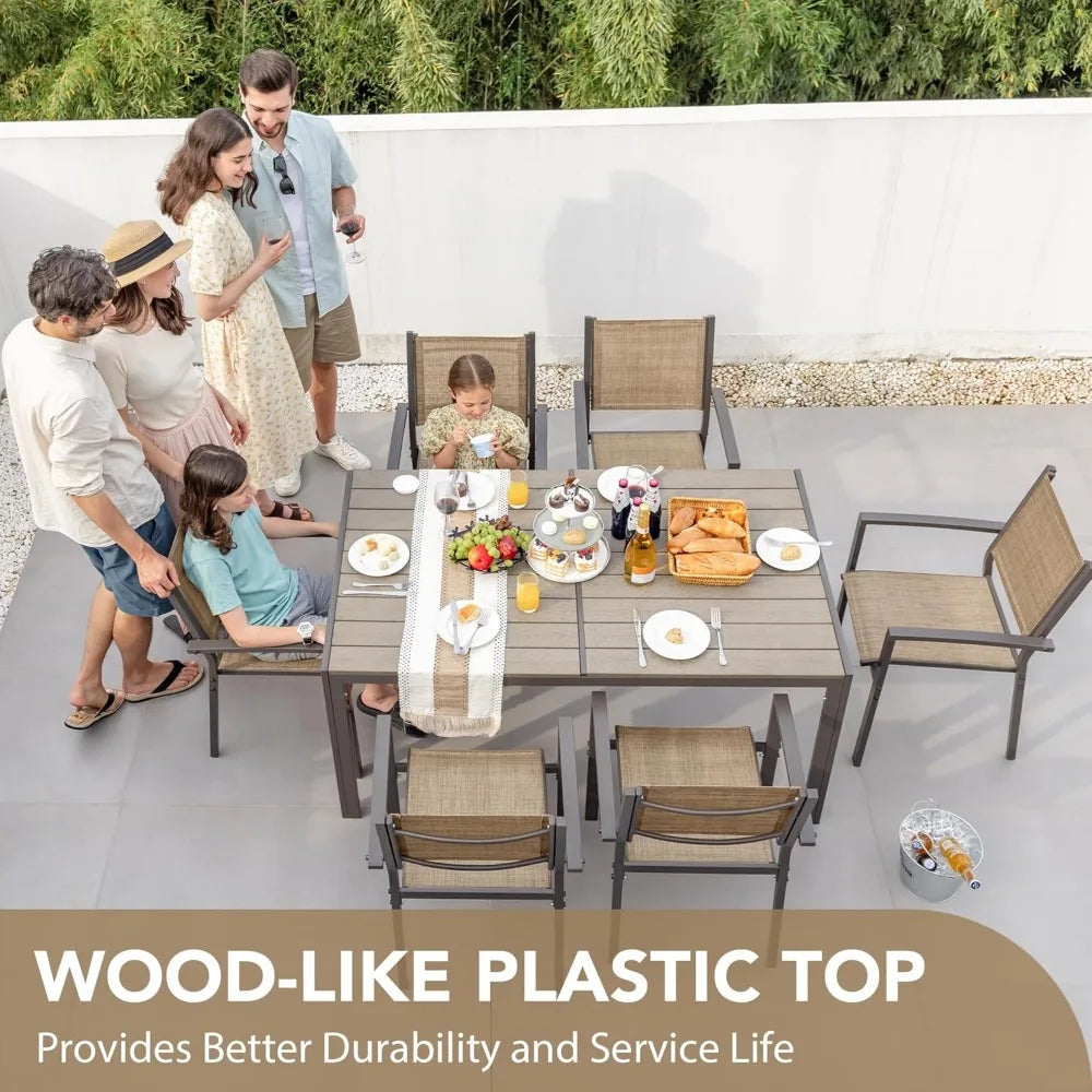 7 Piece Patio Dining Set Outdoor Furniture with Rectangular Table And 6 Stackable Chairs Modern Style Garden Conversation Set