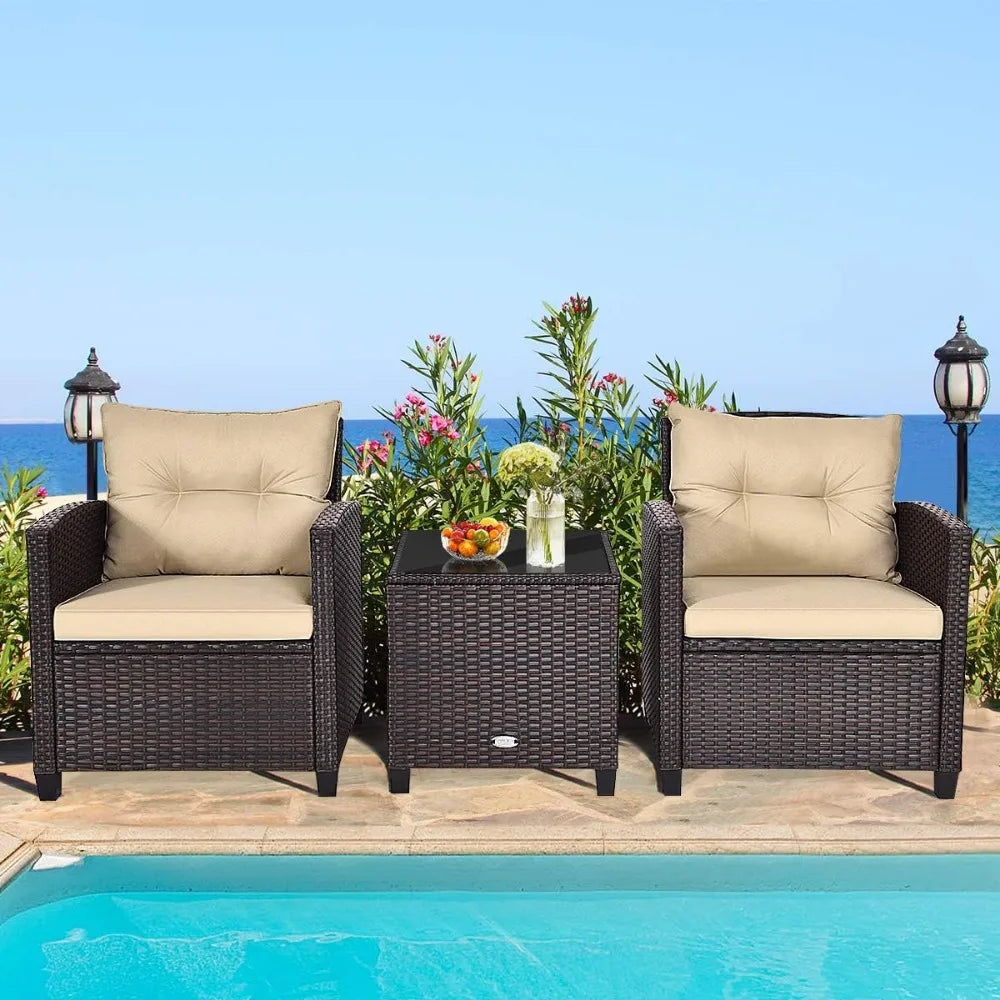 3 Piece Patio Furniture Set, Wicker Bistro Conversation Set w/ 2 Cushioned Armchairs & Glass Topped Table, Outdoor Rattan Sofa