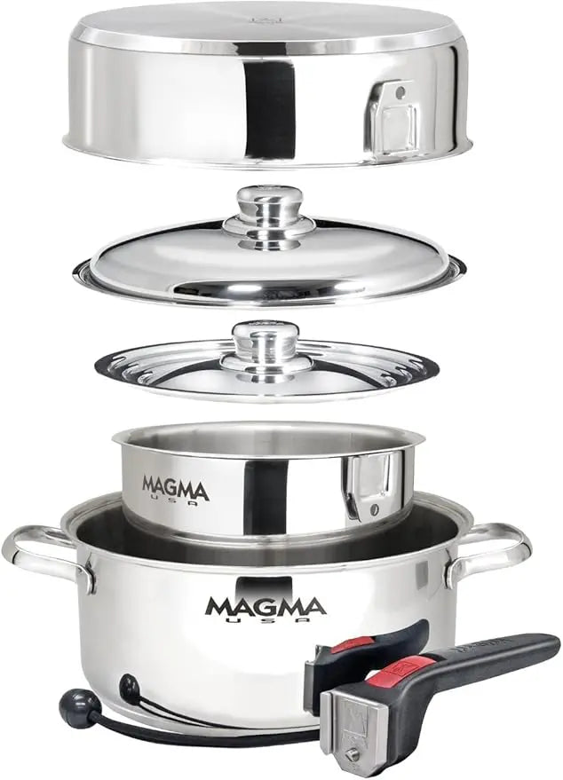 Magma 7 Piece Gourmet Nesting Stainless Steel Cookware Set, Induction Compatible, Oven Safe to 500°F Suitable for All Stovetops