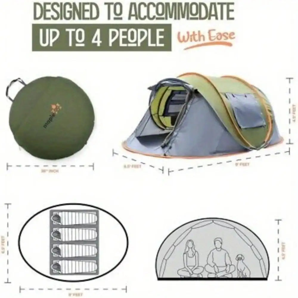 4 Person Easy Pop Up Tent with 2 Doors UPF50 Waterproof Quick Automatic 600D Oxford Tent with Reflective Mylar for Camping