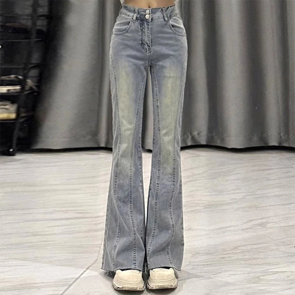 Retro Light Blue Micro Flare Jeans Women Korean Vintage Streetwear Slim Fit Lady Elastic Hight Waist Thin Baggy Denim Pants