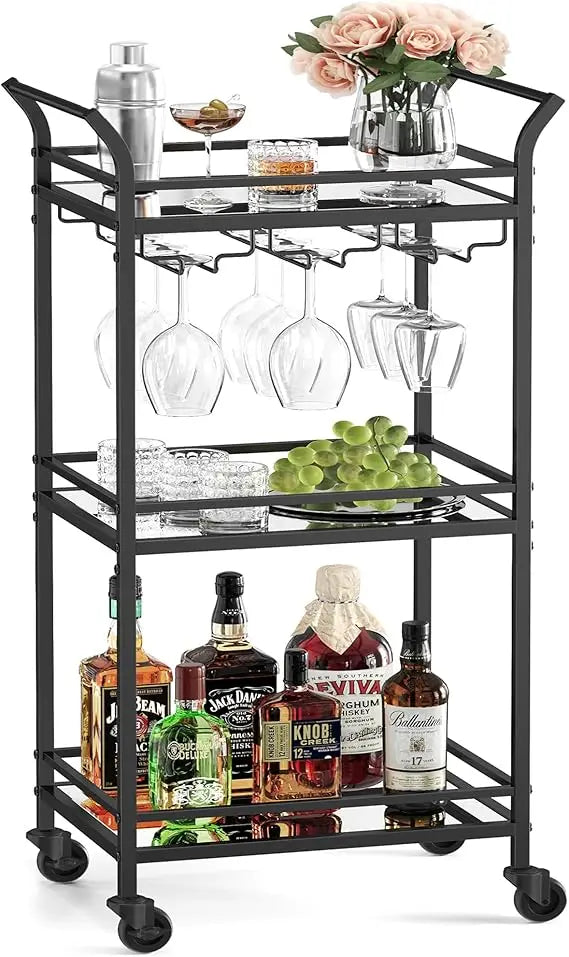 VASAGLE Small Bar Cart with 3-Tier Shelf, Wine & Glass Holders, Mini Bar Cart for Small Spaces, Kitchen, Dining Room, Living Room.