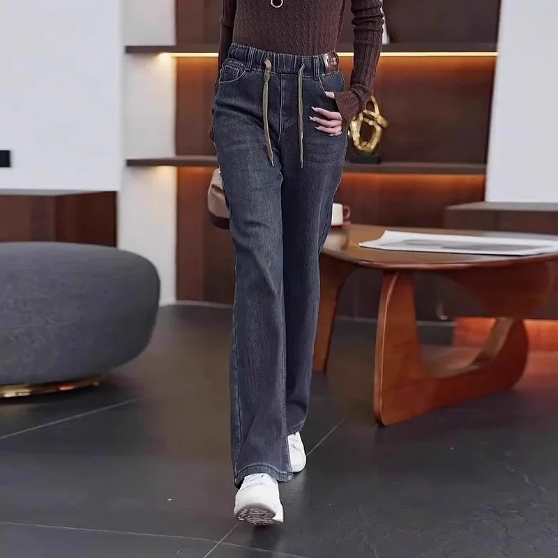 Loose Wide Leg Jeans High Waist Light Blue Women's plus Size Elastic Waist Dstring Trousers Slimming Long Pants