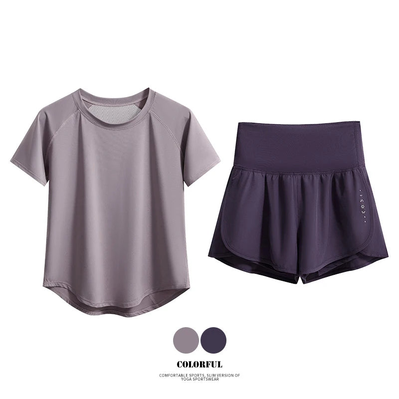 DRUR Women Yoga Set 2 Piece Sports Outfit Short Sleeve Tops