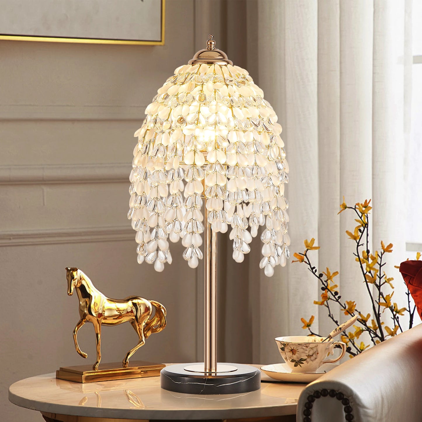Elegant Crystal Table Lamp Vintage Waterfall Design with Crystal Bead String Shade&Marble Textured Base for Living Room Bedroom