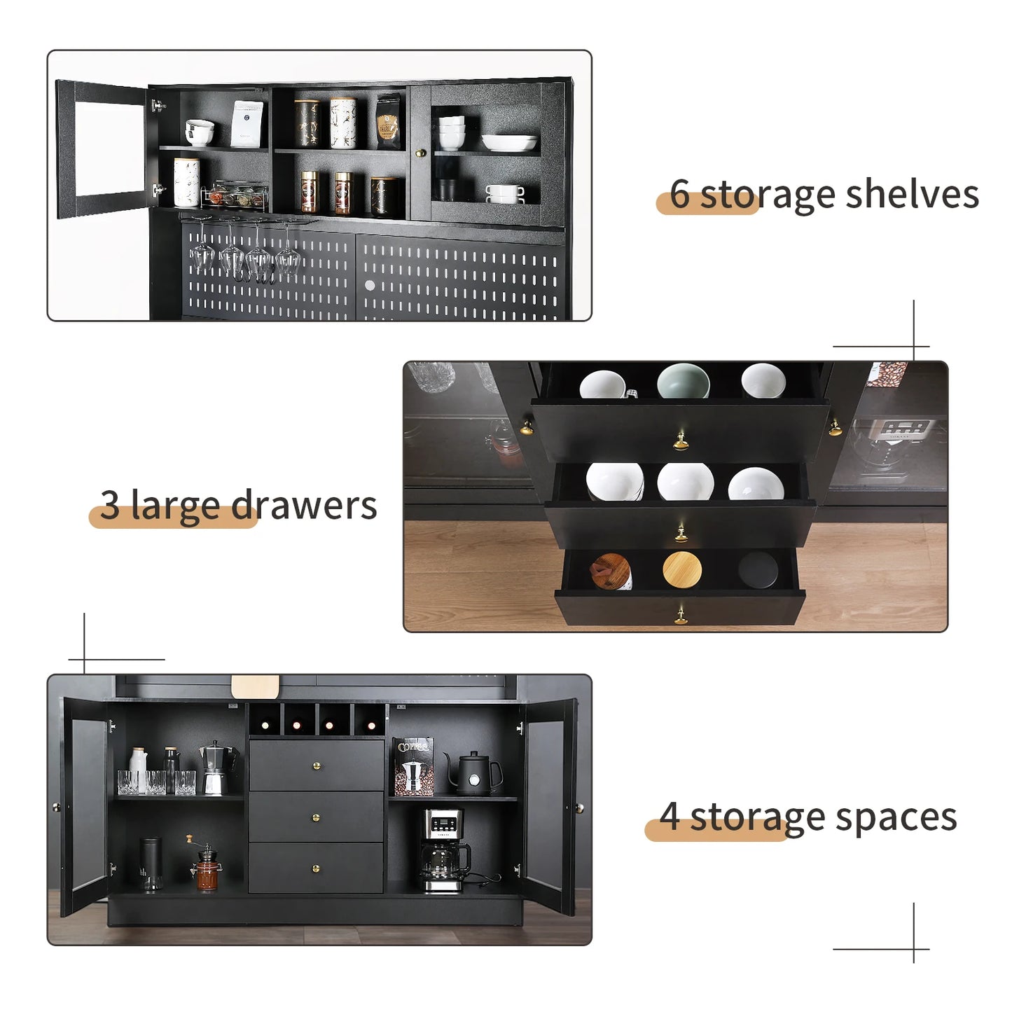 Black Freestanding Kitchen Pantry Cabinet with Pegboard Cup Holder Power Outlet Modern Style Modular Storage Buffet Hutch