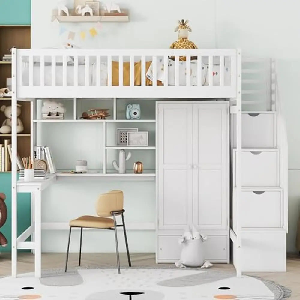Full Size Loft Bed Combo Set with Storage Stairs Desk Bookshelf Drawers and Wardrobe Solid Wood Frame for Kids Teens and Adults in White