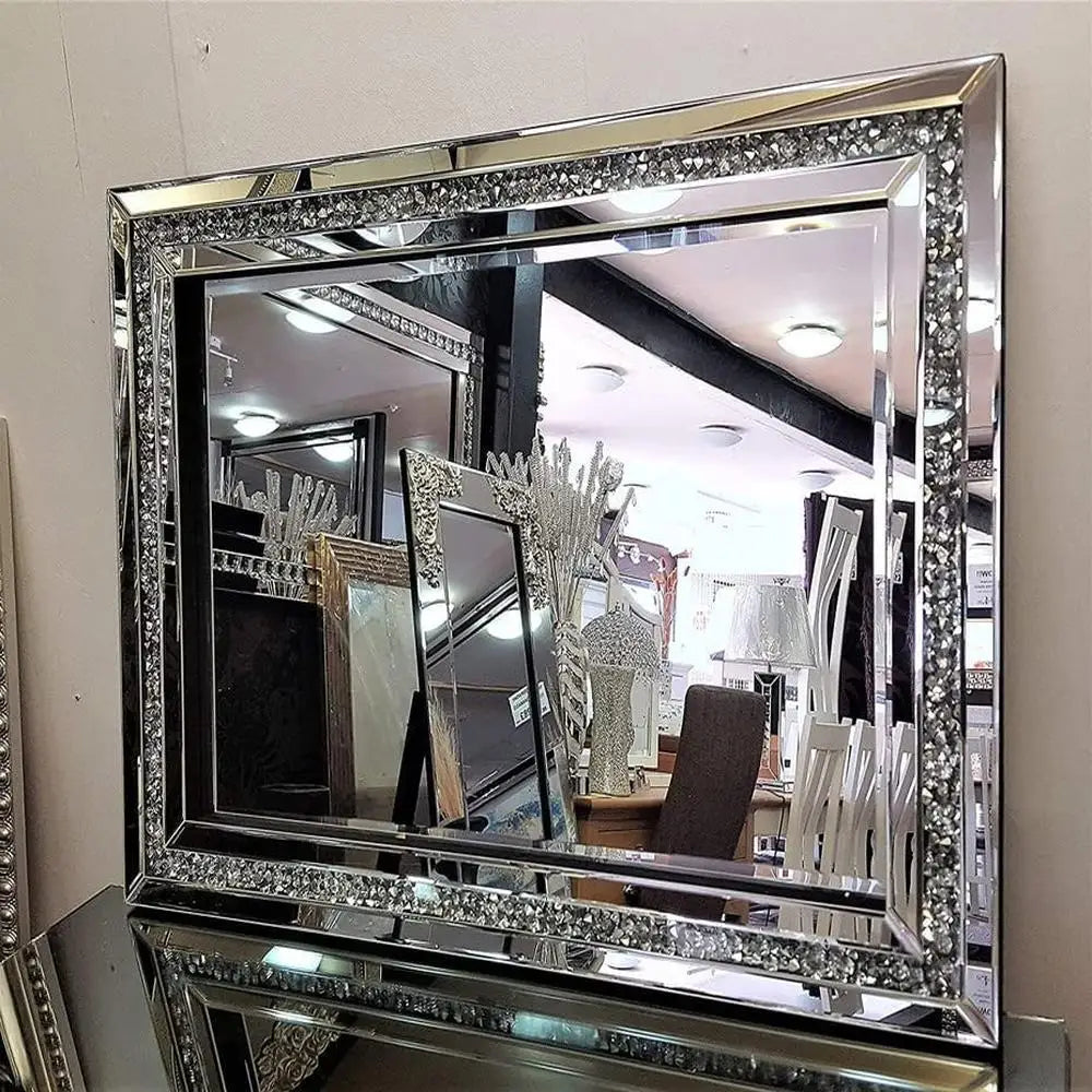 32x24 Crushed Diamond Beveled Wall Mirror Decor Silver Luxury Modern MDF Home Decoration High-End Sturdy Hooks