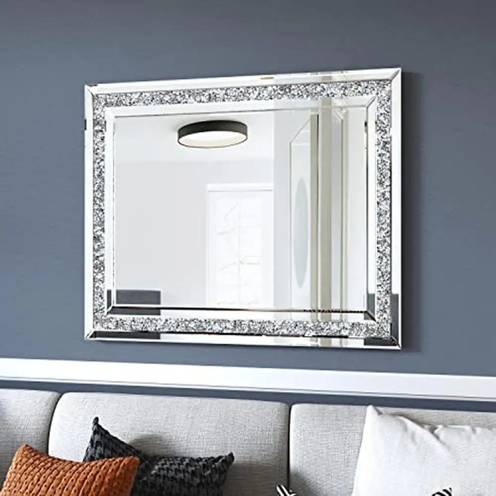 32x24 Crushed Diamond Beveled Wall Mirror Decor Silver Luxury Modern MDF Home Decoration High-End Sturdy Hooks
