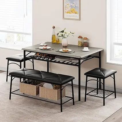 4 Piece Dining Table Set for 4 with Upholstered Bench And Square Stools - Kitchen Dining Set with Storage