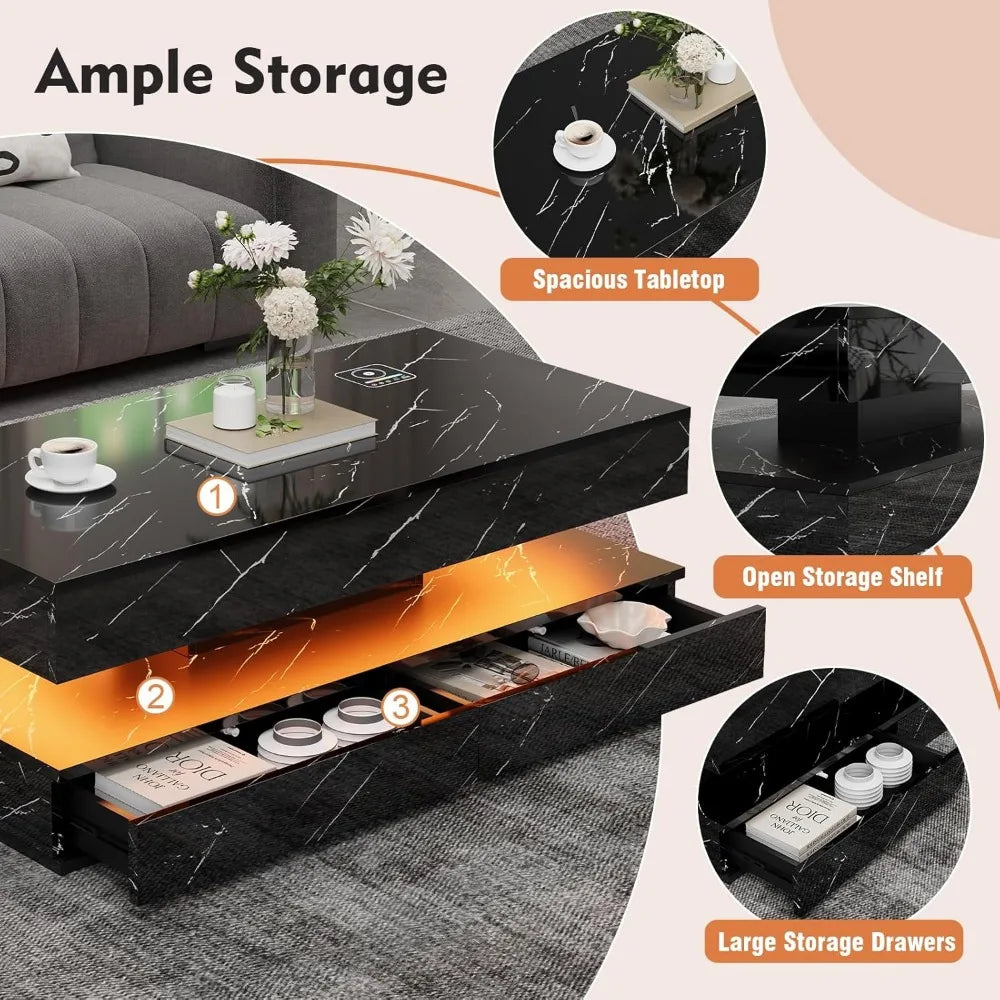 Modern LED Coffee Table 47 Inch High Gloss Double Layer Center Table with Wireless Charging and Built in Bluetooth 2 Drawers Black Marble Finish