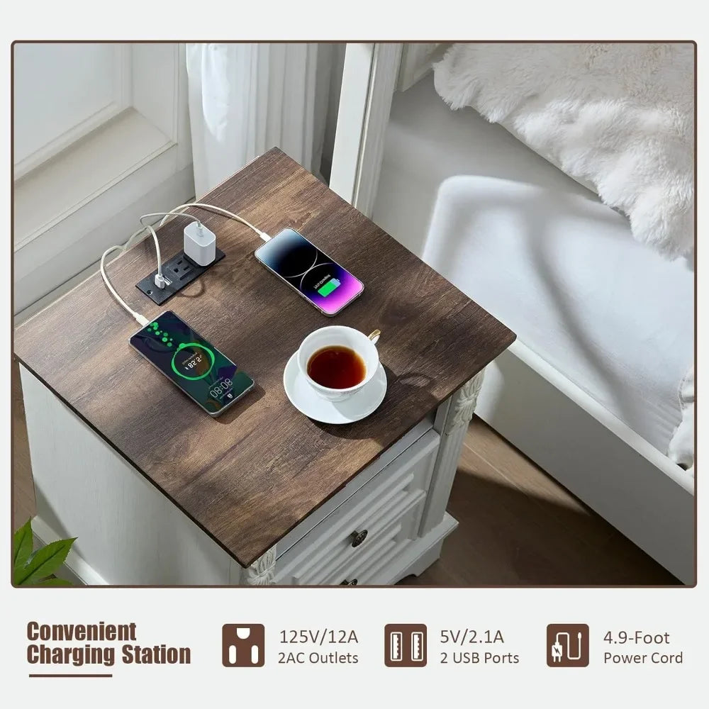Farmhouse Nightstand with Charging Station 20" End Table 2 Drawers Carved Storage Cabinet Modern Bedroom Furniture