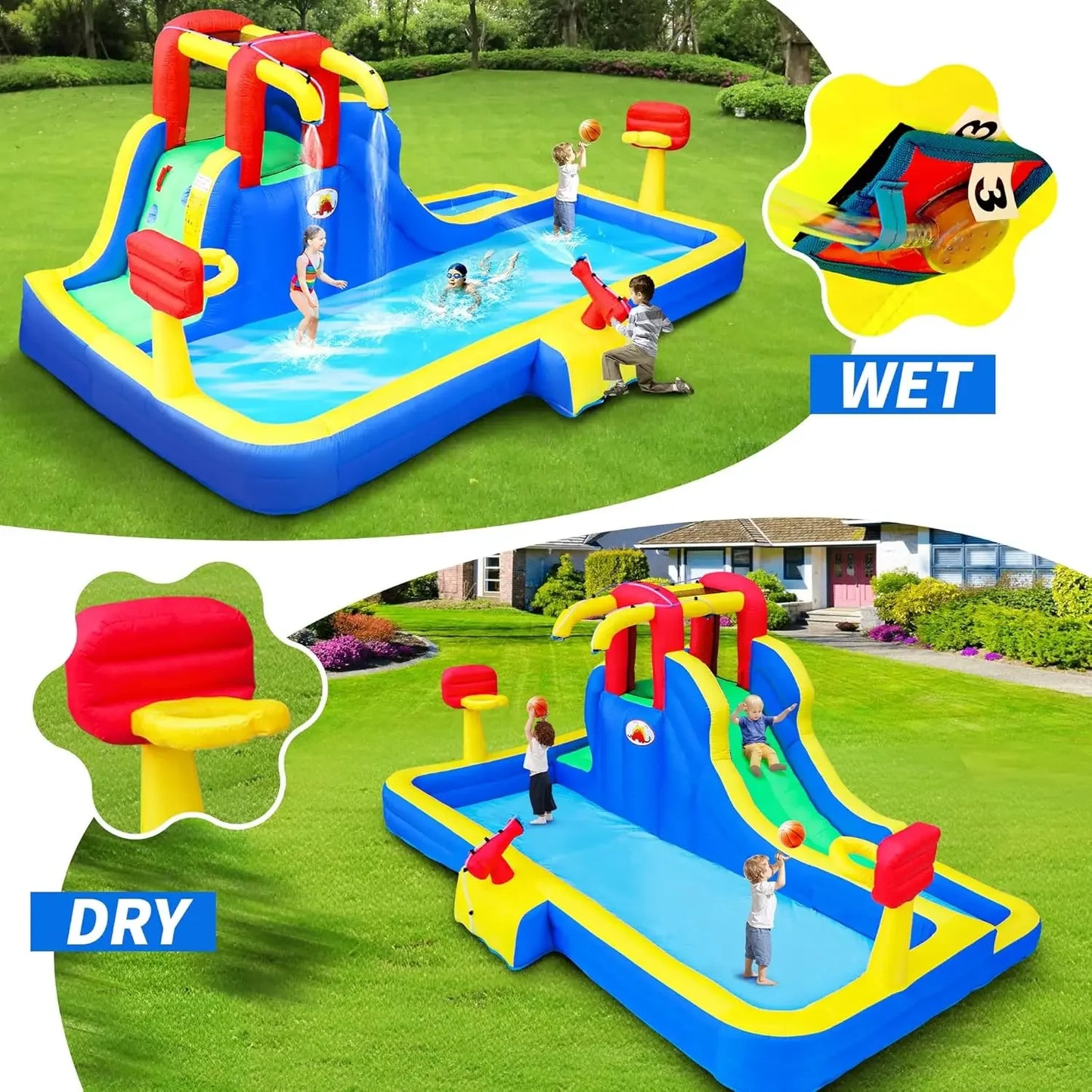 Water Park with Blower, Bouncy Castle with Water Cannon and Double Basketball Rings