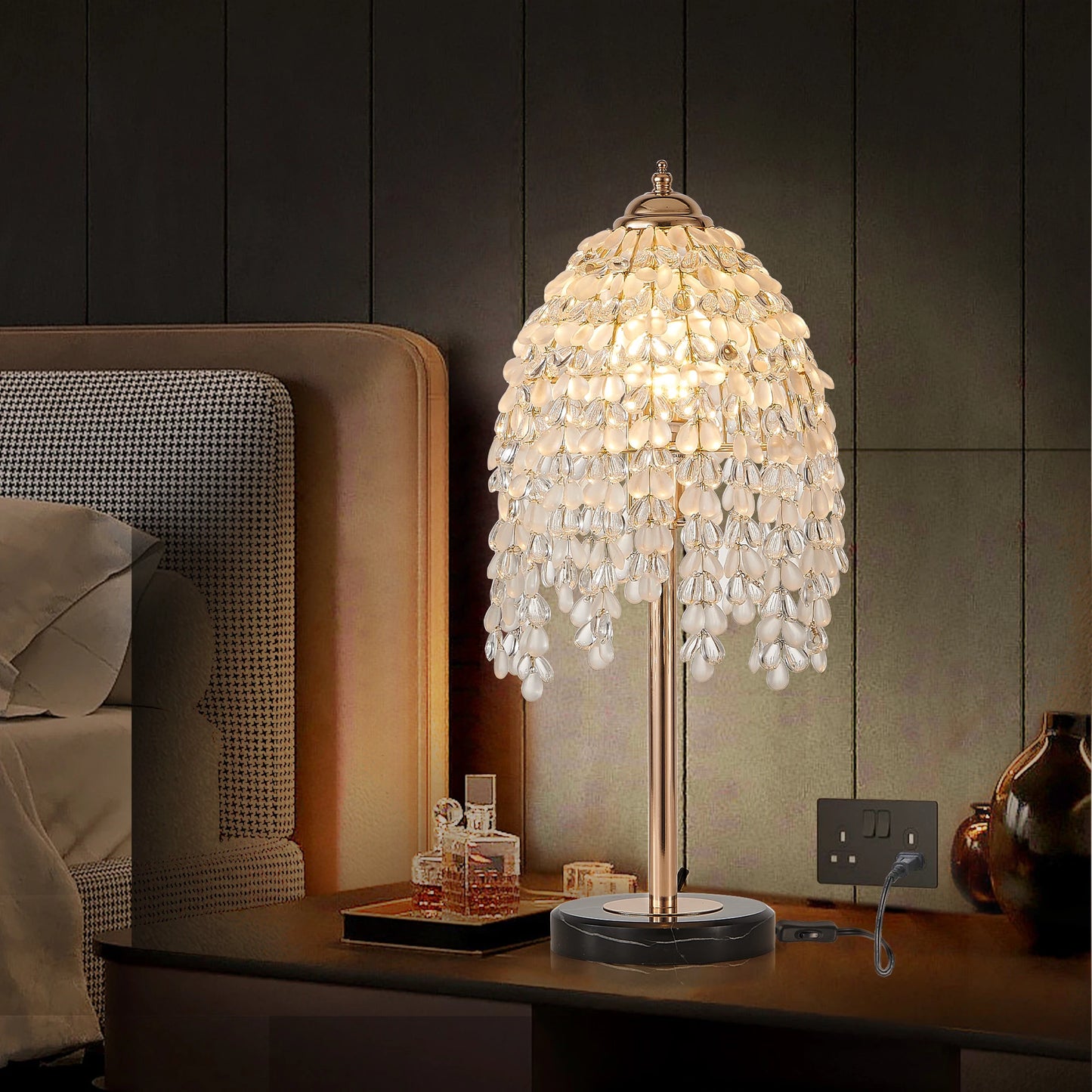 Elegant Crystal Table Lamp Vintage Waterfall Design with Crystal Bead String Shade&Marble Textured Base for Living Room Bedroom