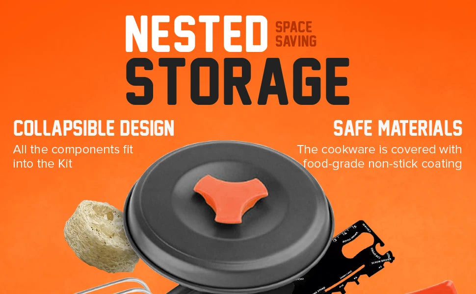 Non Stick Camping Cookware Mess Kit Set with Stove Aluminum Backpacking Pots and Pans Portable Cooking System for 3 to 5 Users