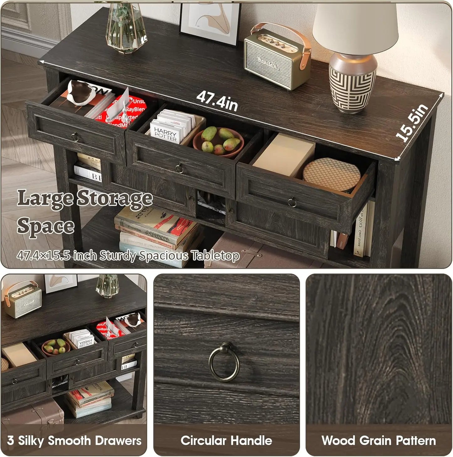 Vabches 47 Inch Wood Console Table with 3 Storage Drawers and Sliding Barn Doors for Entryway Hallway Living Room