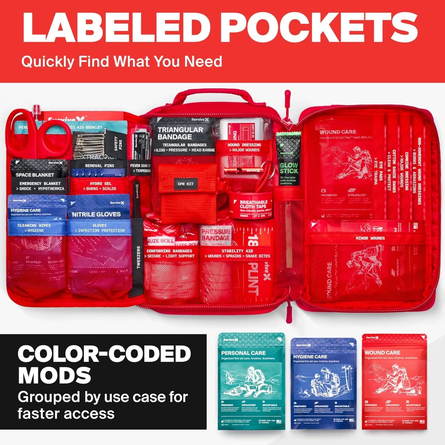 Large First Aid Kit for Car, Camping, Backpacking and Outdoors - Includes Zip Stitch Wound Closure Strips