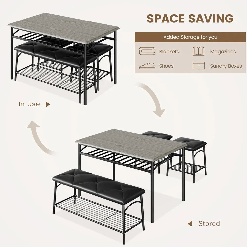 4 Piece Dining Table Set for 4 with Upholstered Bench And Square Stools - Kitchen Dining Set with Storage