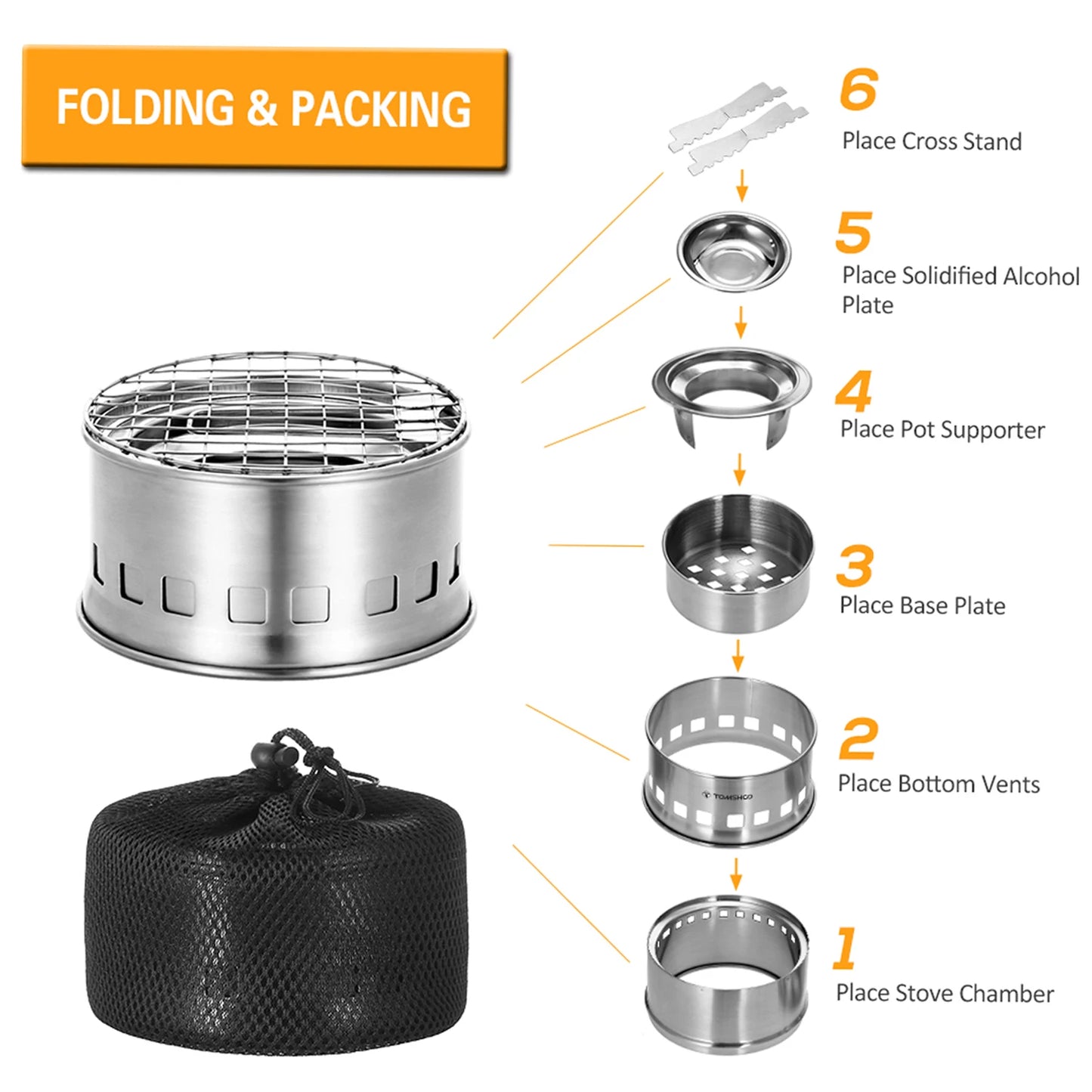 Compact Portable Folding Windproof Wood Burning Stainless Steel Alcohol Stove for Outdoor Camping Hiking and Picnic
