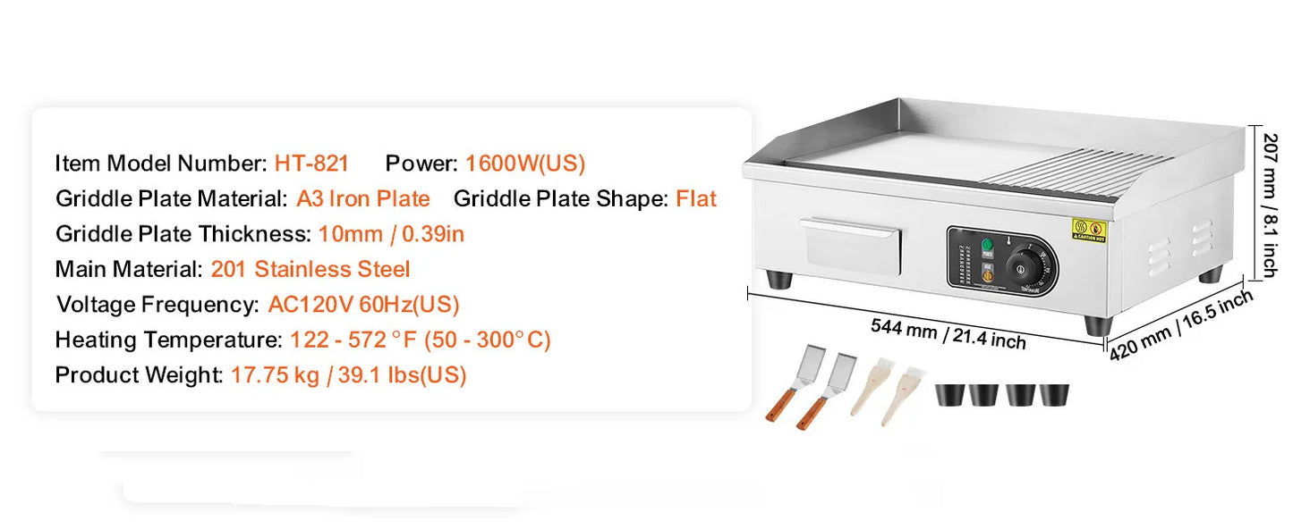 SucceBuy 3200W Commercial Electric Griddle Countertop Flat Top Grill for Home and Restaurant Use Temperature Range 122 to 572 Degrees Fahrenheit