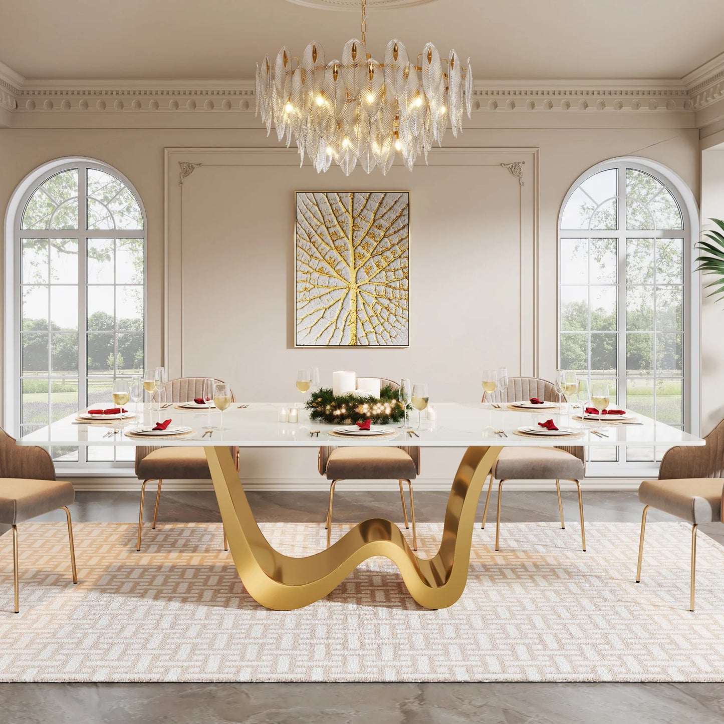 Tribesigns 78.74" Sintered Stone Dining Table for 6-8, Modern Rectangle Dining Table, Luxury White & Gold Kitchen Table