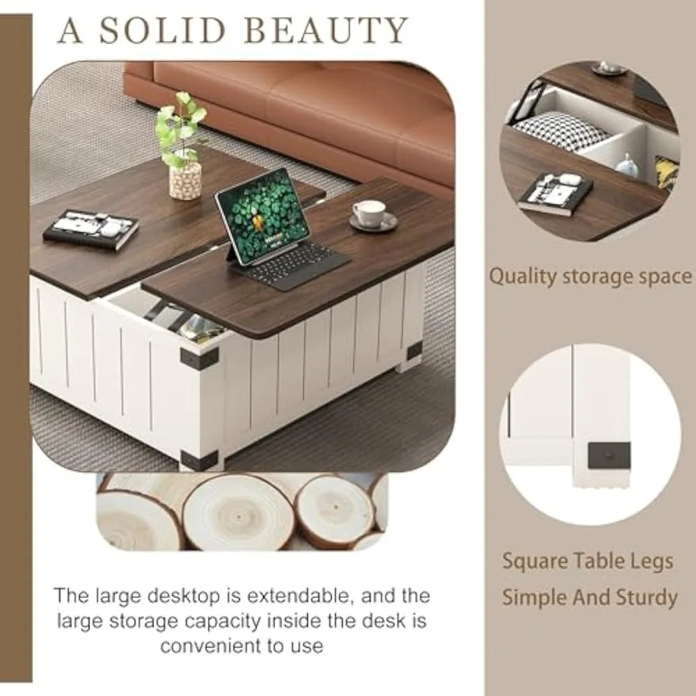 Farmhouse Lift Top Coffee Table with Storage White Wood Square Center Table with USB Ports for Living Room 35 Inch X 35 Inch X 18 Inch