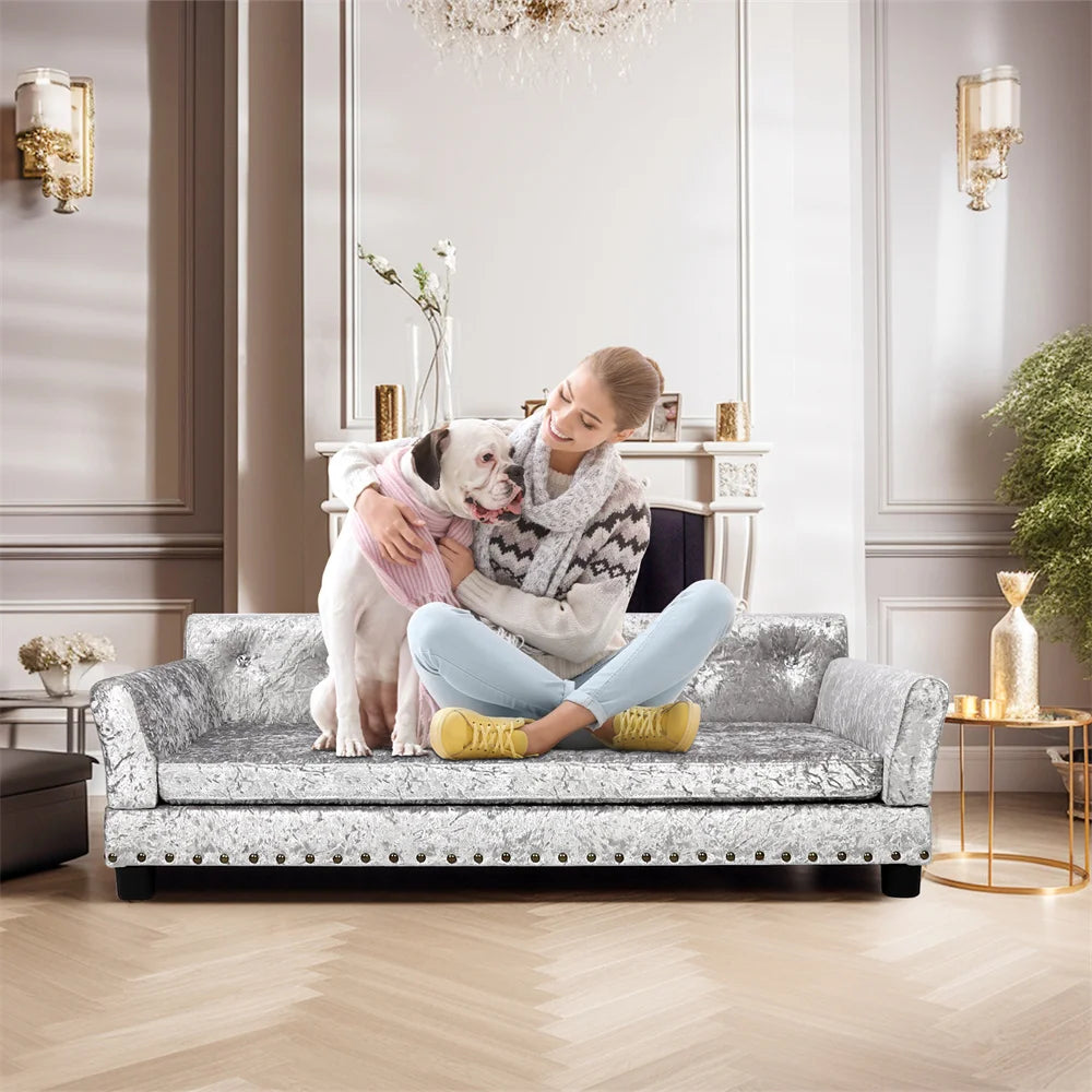 Heavy Duty Raised Dog Bed Sofa Large Cushioned Pet Couch Soft Microfiber Silicone Leather Velboa Covered Lounge for Cats And Puppies