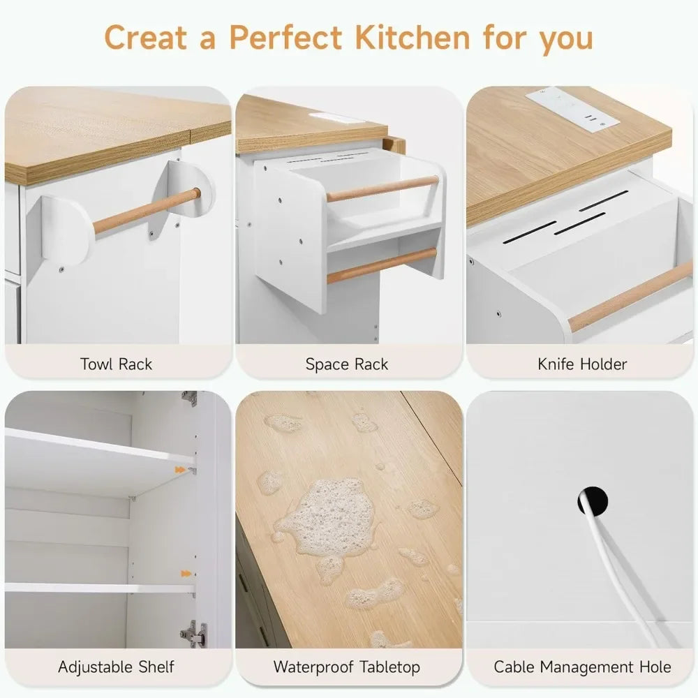 60 Inch Kitchen Island with Power Outlet and Drop Leaf Knife Holder Kitchen Rolling Island with Spice Rack and Towel Rack