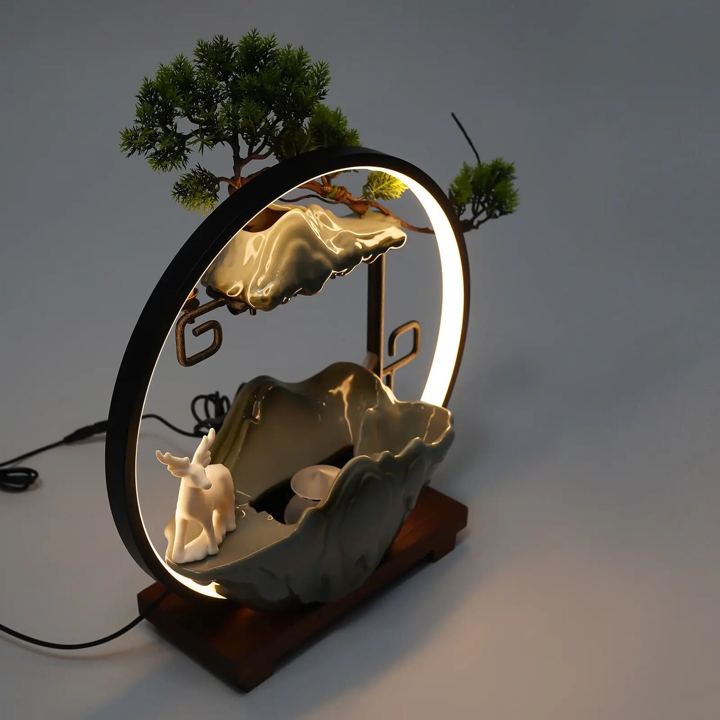 Indoor Desktop Water Fountain with Atomizer and LED Light Resin Waterfall Table Decor