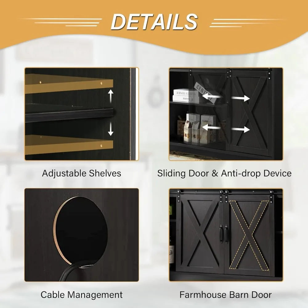 Buffet Cabinet with Storage, 59" Kitchen Storage with Barn Doors