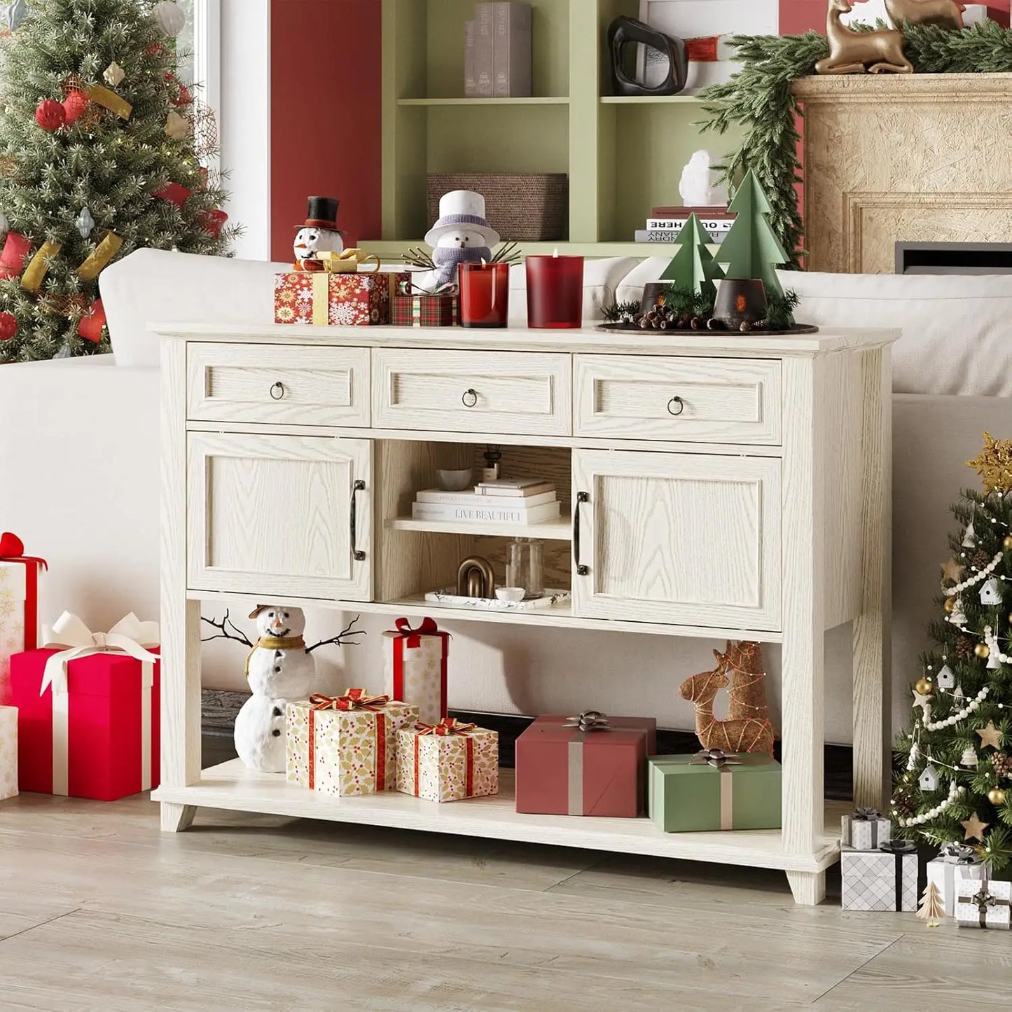 Vabches 47 Inch Wood Console Table with 3 Storage Drawers and Sliding Barn Doors for Entryway Hallway Living Room