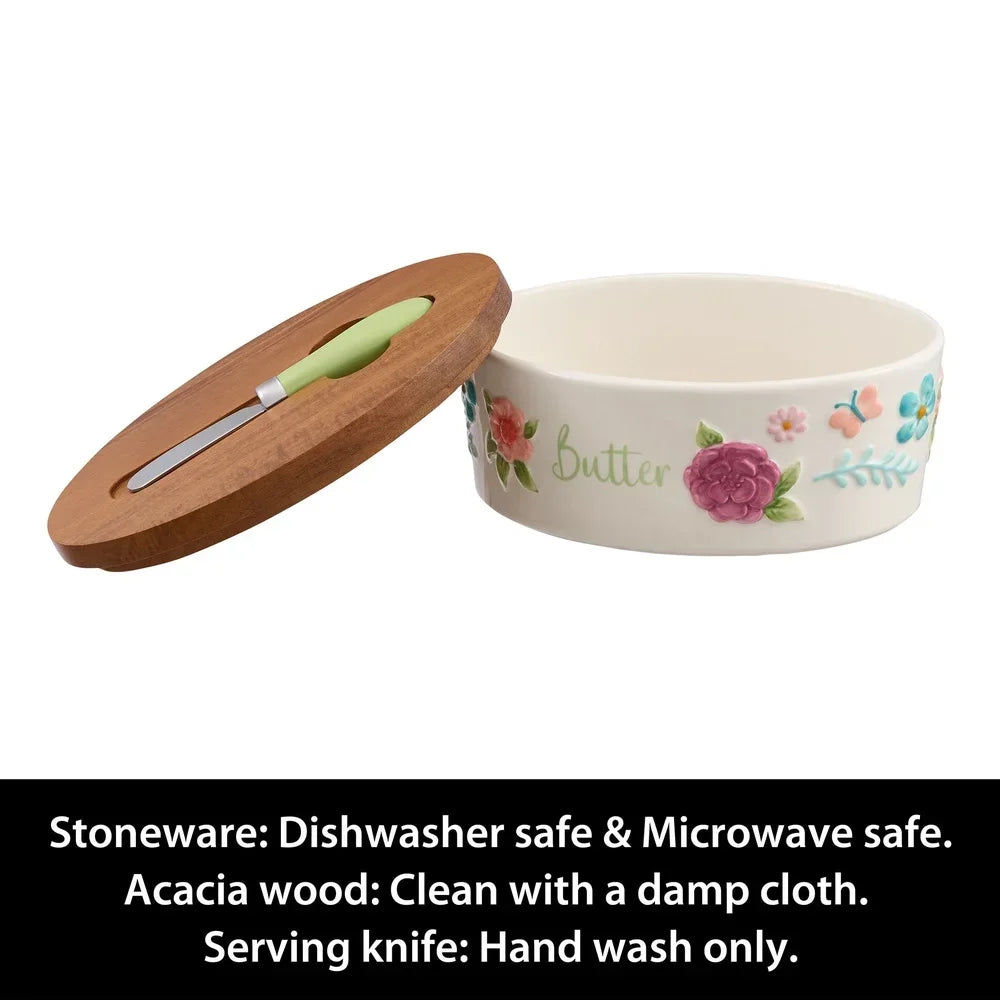 Painted Meadow Butter Dish Set with Acacia Wood Lid and Metal Serving Knife Floral Embossed Stoneware Handcrafted Kitchen Storage