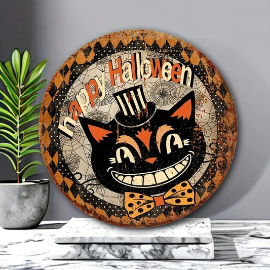 Tin Painting - 8"x8" Round Aluminum Quirky Happy Halloween Sign | Black Cat Wreath Design for Home, Kitchen