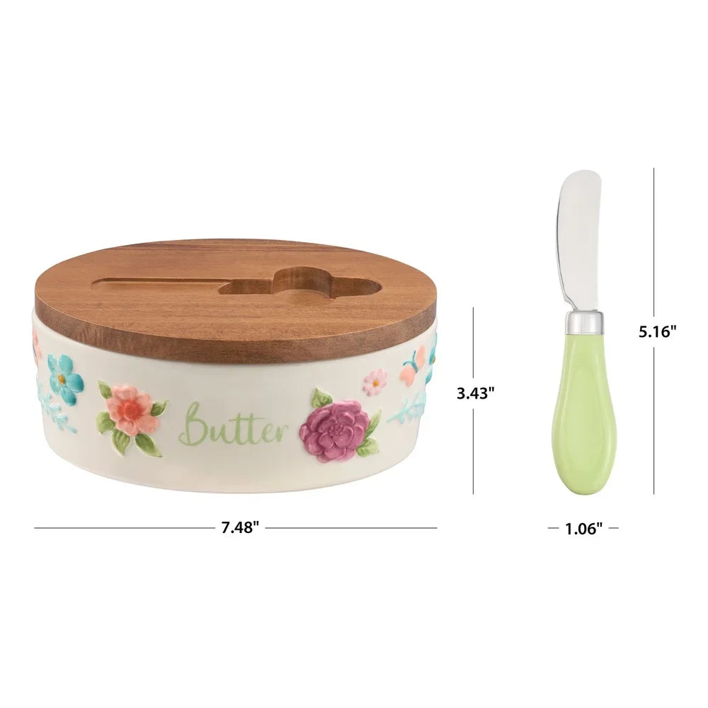 Painted Meadow Butter Dish Set with Acacia Wood Lid and Metal Serving Knife Floral Embossed Stoneware Handcrafted Kitchen Storage