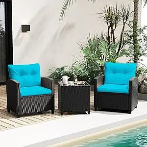 3 Piece Patio Furniture Set, Wicker Bistro Conversation Set w/ 2 Cushioned Armchairs & Glass Topped Table, Outdoor Rattan Sofa