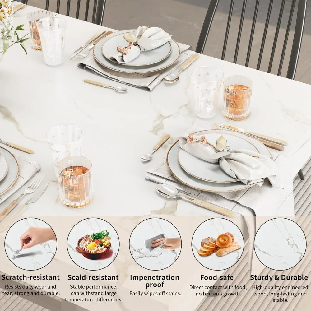 Extendable Dining Table 63-79 Inch Woodgrain/Marble Top for 6-10 People Silent-Glide Mechanism Modern Rectangular Dining Room Furniture