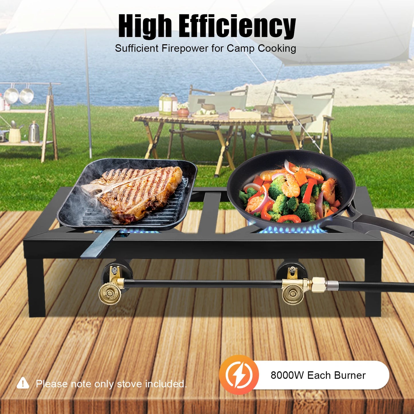 8000 Watt Double Burner Camping Stove Portable Outdoor Gas Propane Cooker with Regulator Hose Black for Camping BBQ