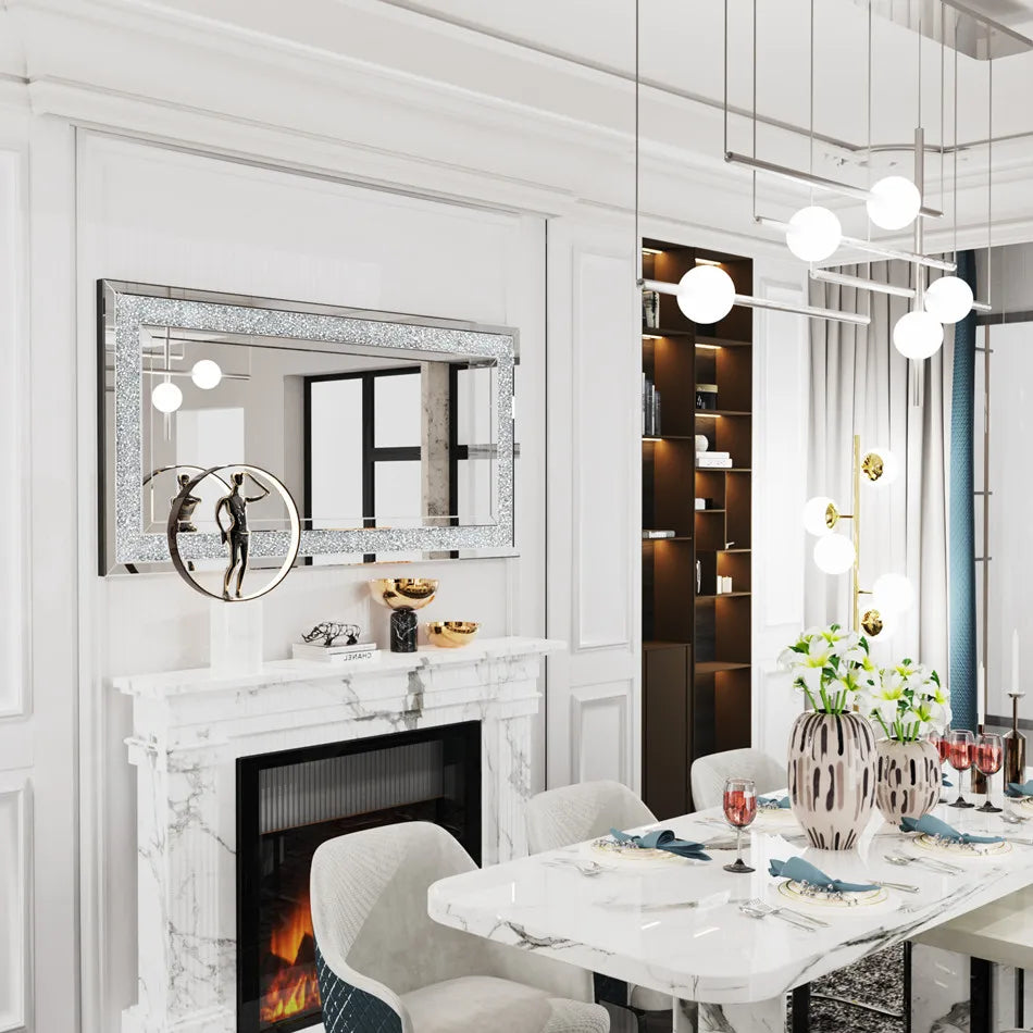 LUVODI Large Silver Sparkly Crystal Rhinestone Frameless Wall Mounted Dressing Mirror for Home and Hotel