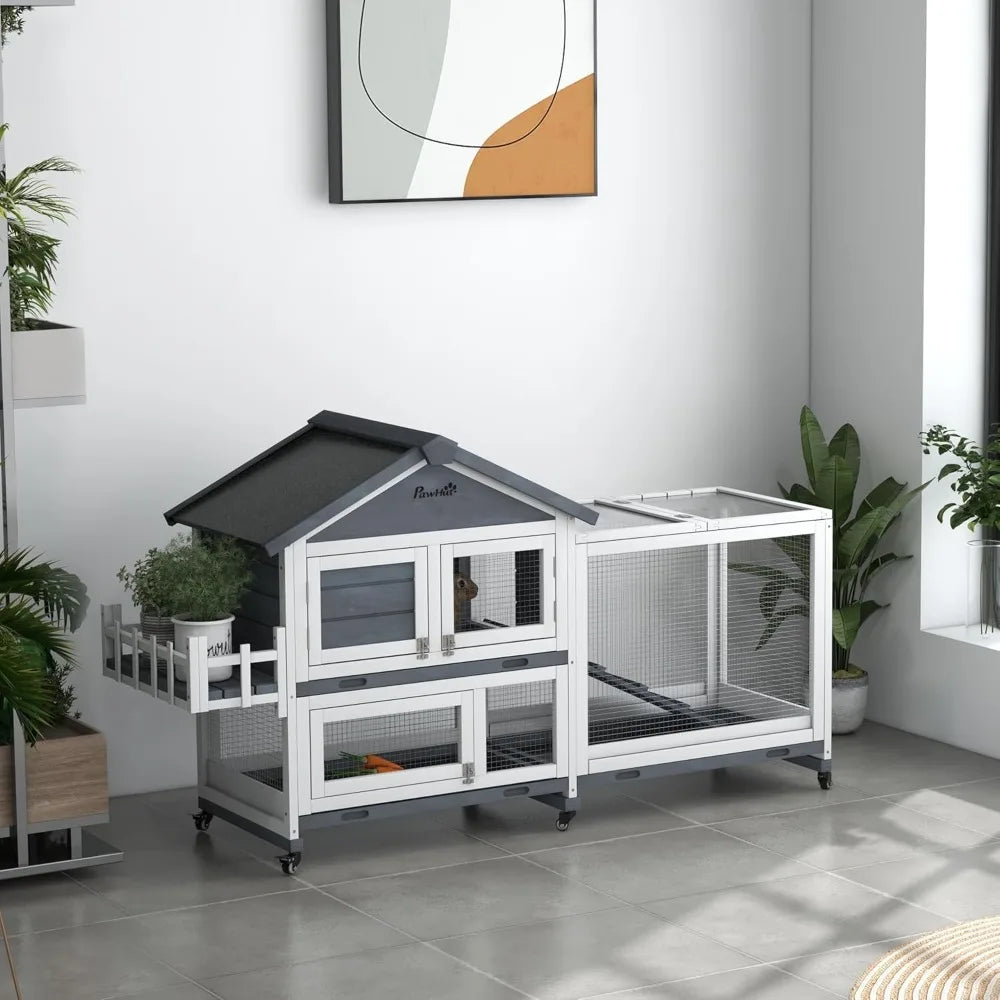 65" Wooden Rabbit Hutch with Openable Roof And Wheels Guinea Pig Playpen Bunny House Enclosure Breathable Pet Storage Box Cat Bed