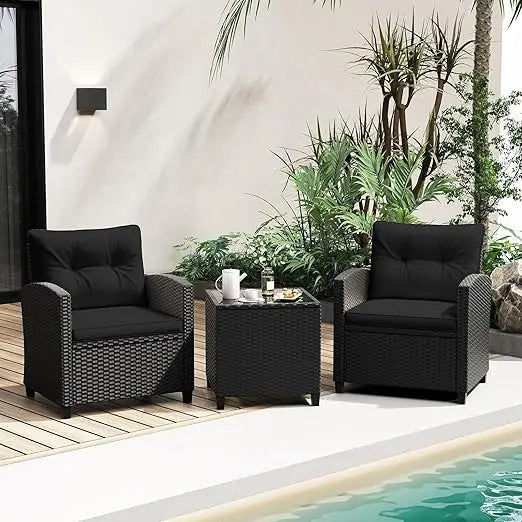 3 Piece Patio Furniture Set, Wicker Bistro Conversation Set w/ 2 Cushioned Armchairs & Glass Topped Table, Outdoor Rattan Sofa
