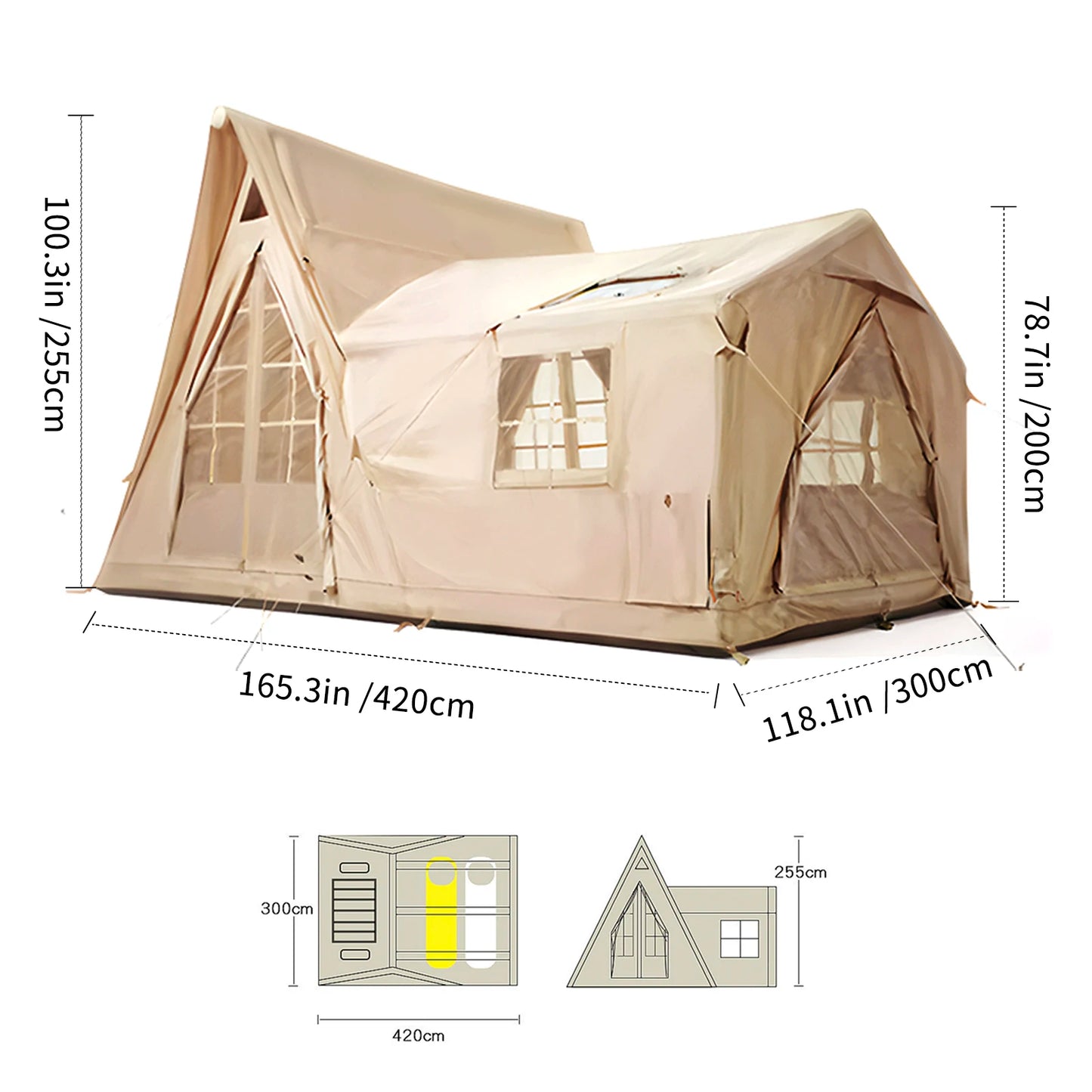 Large Inflatable Tent 135 SQFT for 8 to 10 Person Four Season Waterproof Quick Setup Cabin Tent with Reflective Mylar 600D Oxford Material