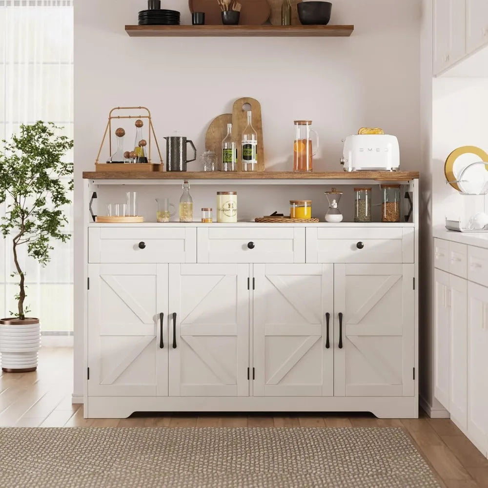 Farmhouse Buffet Cabinet with Drawers & Open Shelf Storage