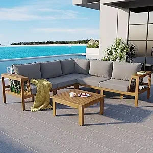 Modern Outdoor Sectional Sofa Set with Round Nesting Coffee Tables and Cushions 6 Piece Patio Furniture Set for Porch Garden Pool