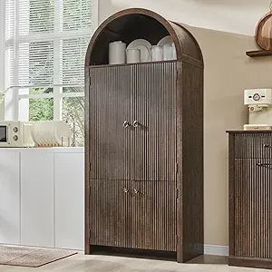 71" Tall Arched Kitchen Pantry Modern Fluted Wood Storage Cabinet with 3 Adjustable Shelves 6 Door Shelves Organizer - Natural