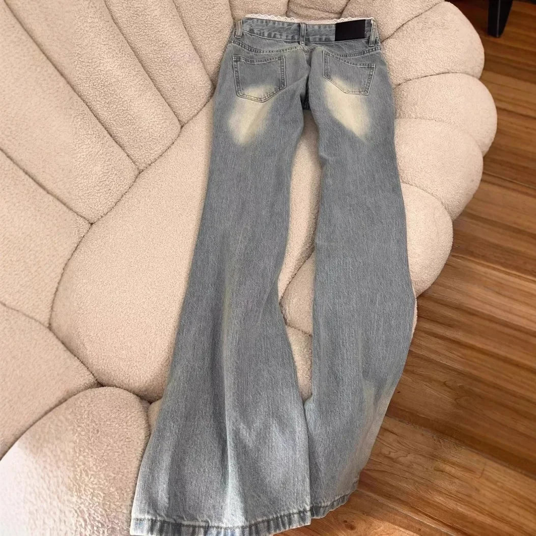 Light Lace Trim Flared Straight Leg Jeans Women's Retro Low Waist Slimming Non Fitting New 2025 Model Casual Fashion
