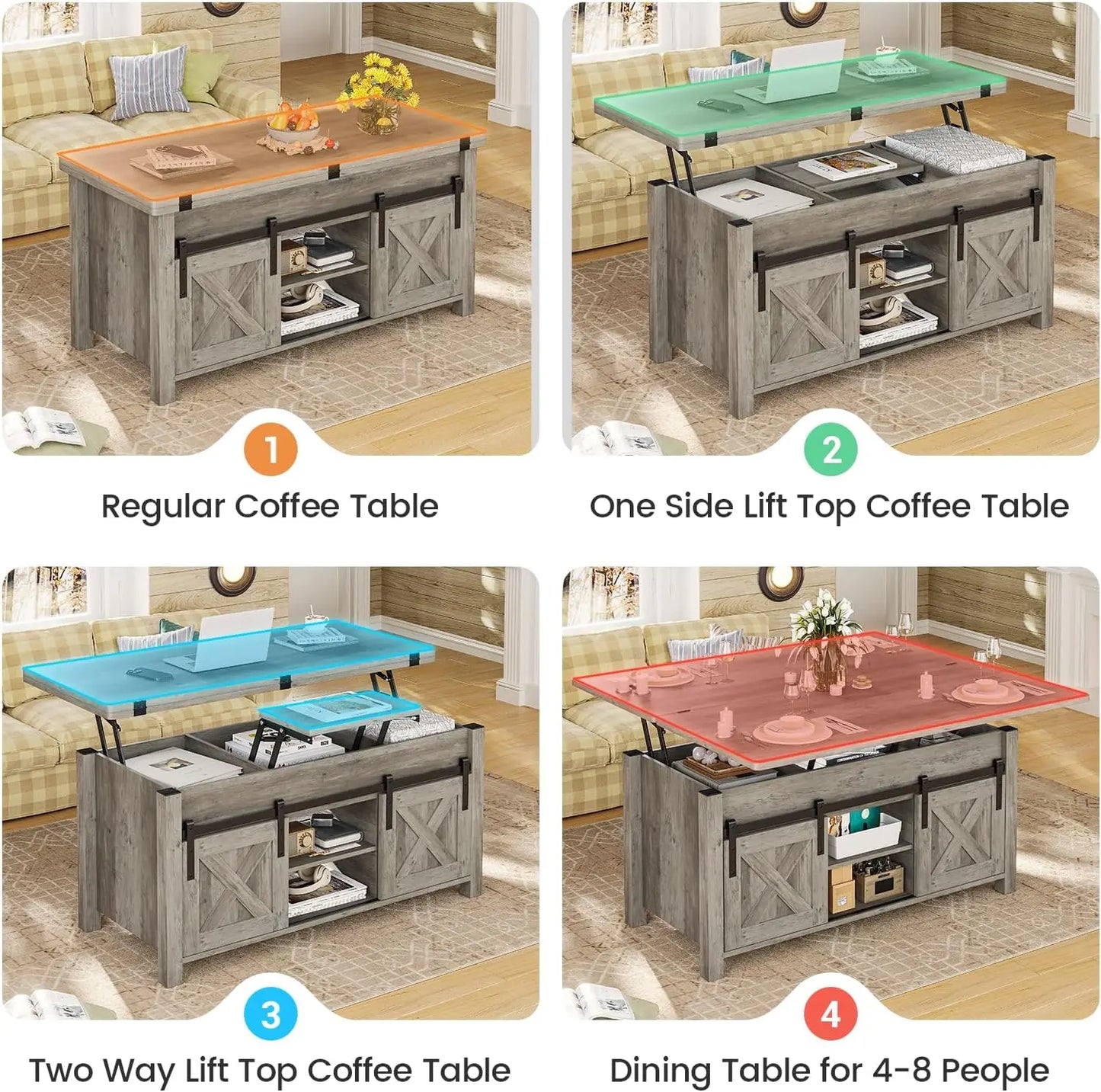 Lift Top Coffee Table 4 in 1 Multi Function Convertible Coffee Table with Storage and Hidden Compartment Farmhouse Coffee Table
