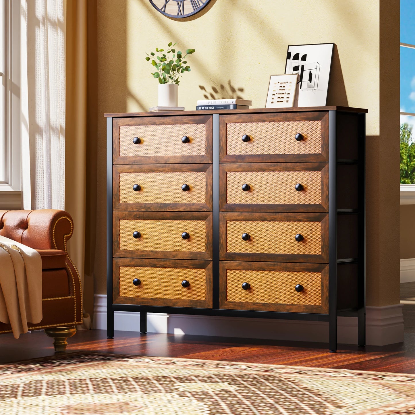 Rattan Woven Chest of Drawers Dresser with 10 Drawer Bedroom Storage Organizer