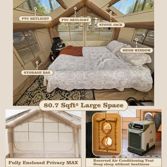 80.7 Square Feet Inflatable Glamping Tent with Air Conditioning Vent Waterproof Oxford Fabric Camping Shelter for 5 to 8 People