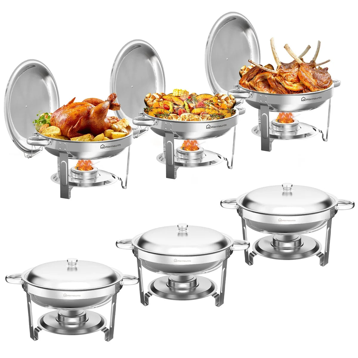 round Chafing Dish Warmer Container Set with Stainless Steel Lid for Party Catering Hotel Buffet Food Warm Pan 1/2/4/6 Pack Options
